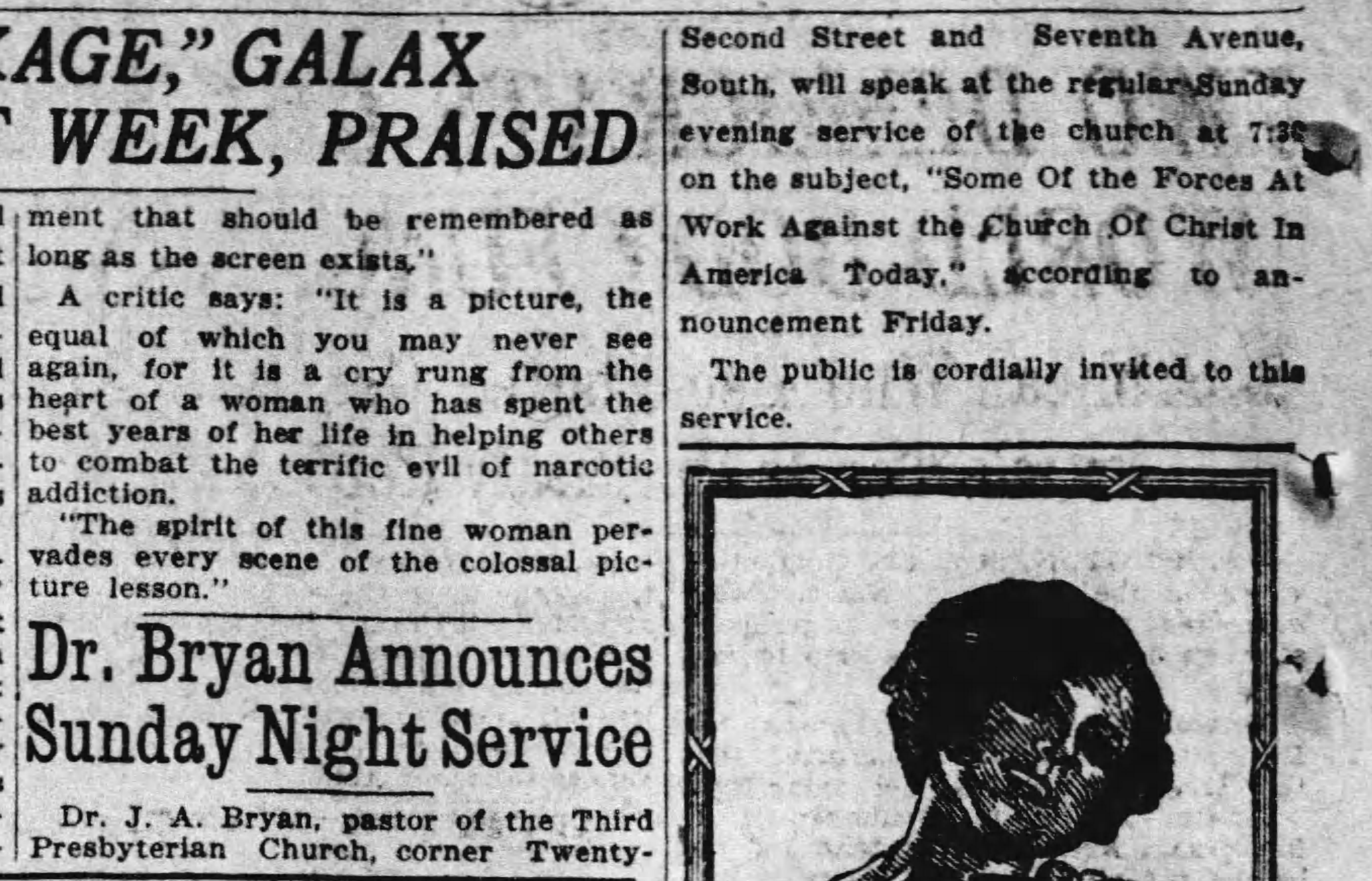 Dr. Bryan Announces Sunday Night Service